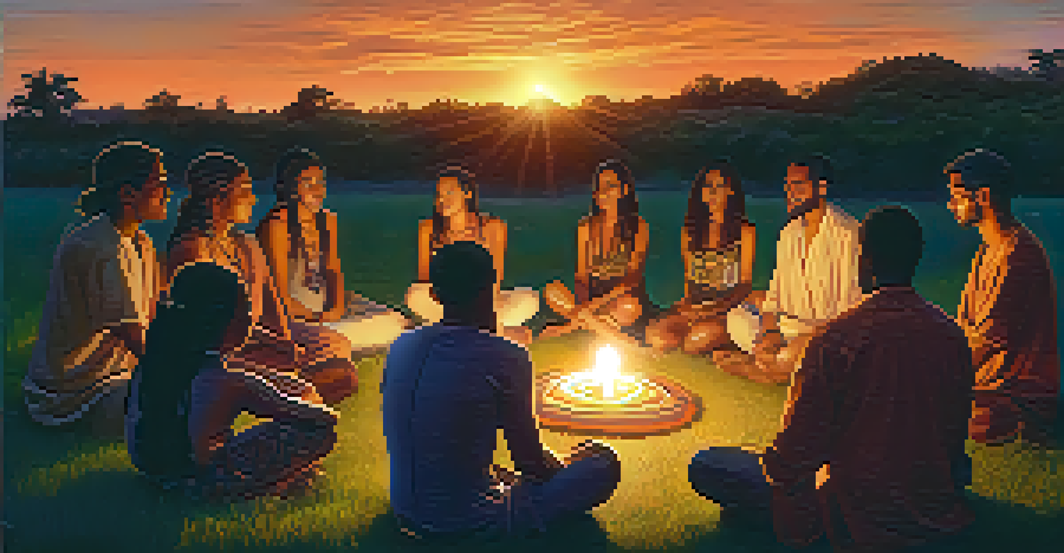 A diverse group of participants sitting in a circle during an Ayahuasca ceremony, sharing stories with soft candlelight and a sunset sky.