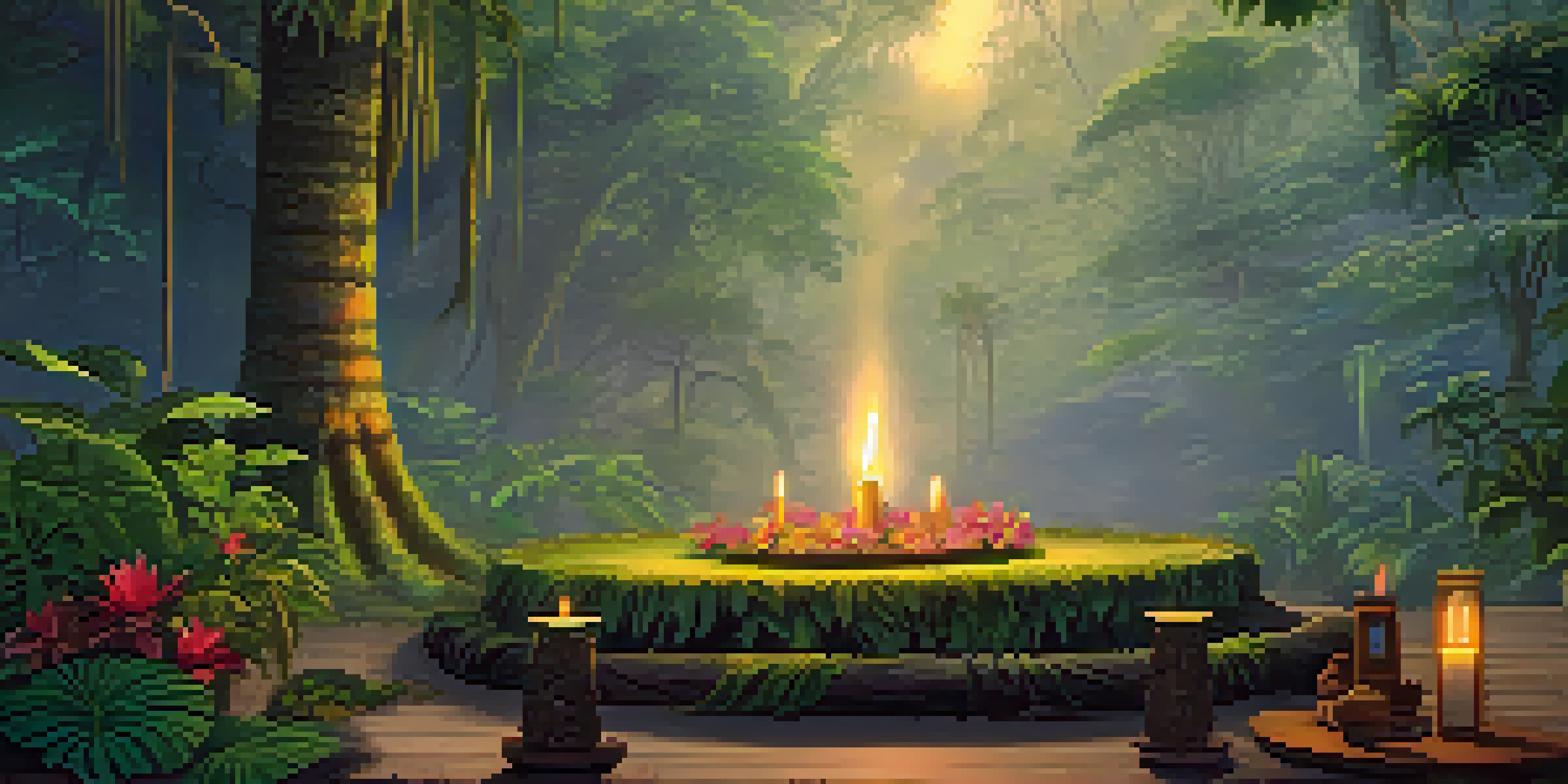 A peaceful Amazon rainforest at dawn with a traditional Ayahuasca ceremony setup, including a wooden altar and colorful flowers, illuminated by soft golden sunlight.