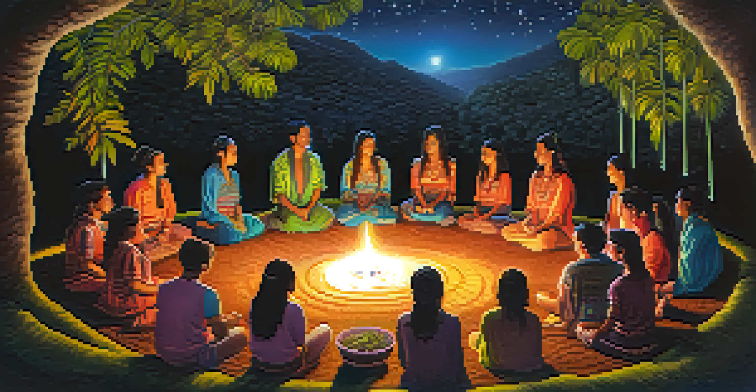 An Ayahuasca ceremony under a starry sky, with participants in a circle and colorful dreamlike visuals surrounding them.