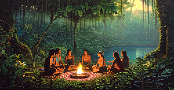 A peaceful ayahuasca ceremony in the Amazon with participants around a fire, surrounded by greenery and flowers.
