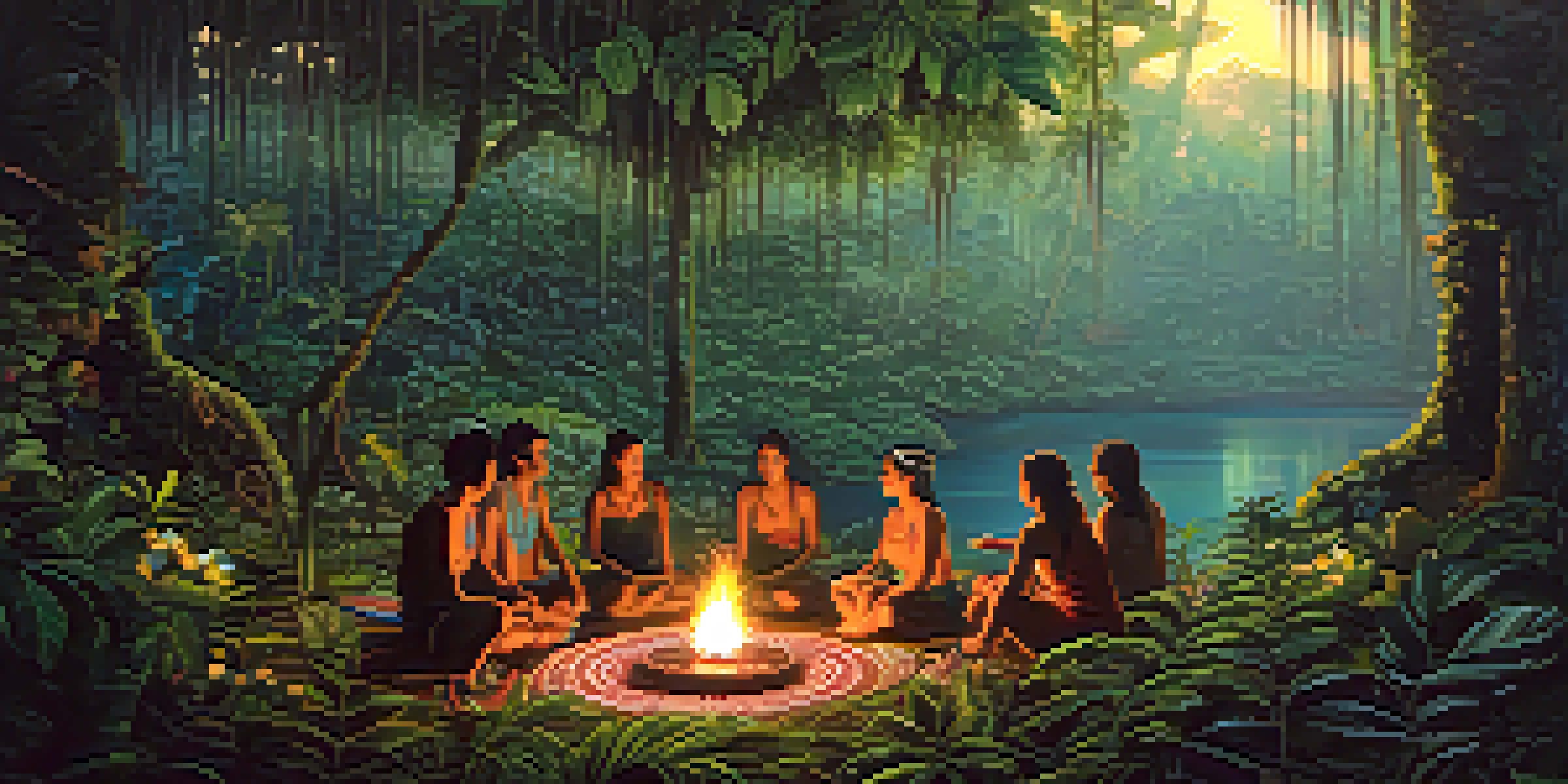 A peaceful ayahuasca ceremony in the Amazon with participants around a fire, surrounded by greenery and flowers.