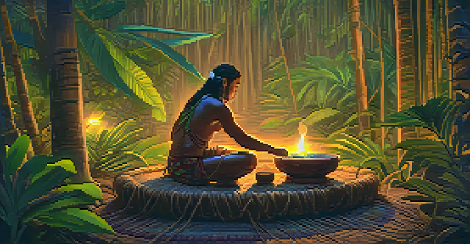 A peaceful Amazon rainforest setting with a shaman preparing Ayahuasca brew, surrounded by participants in a ceremonial circle.