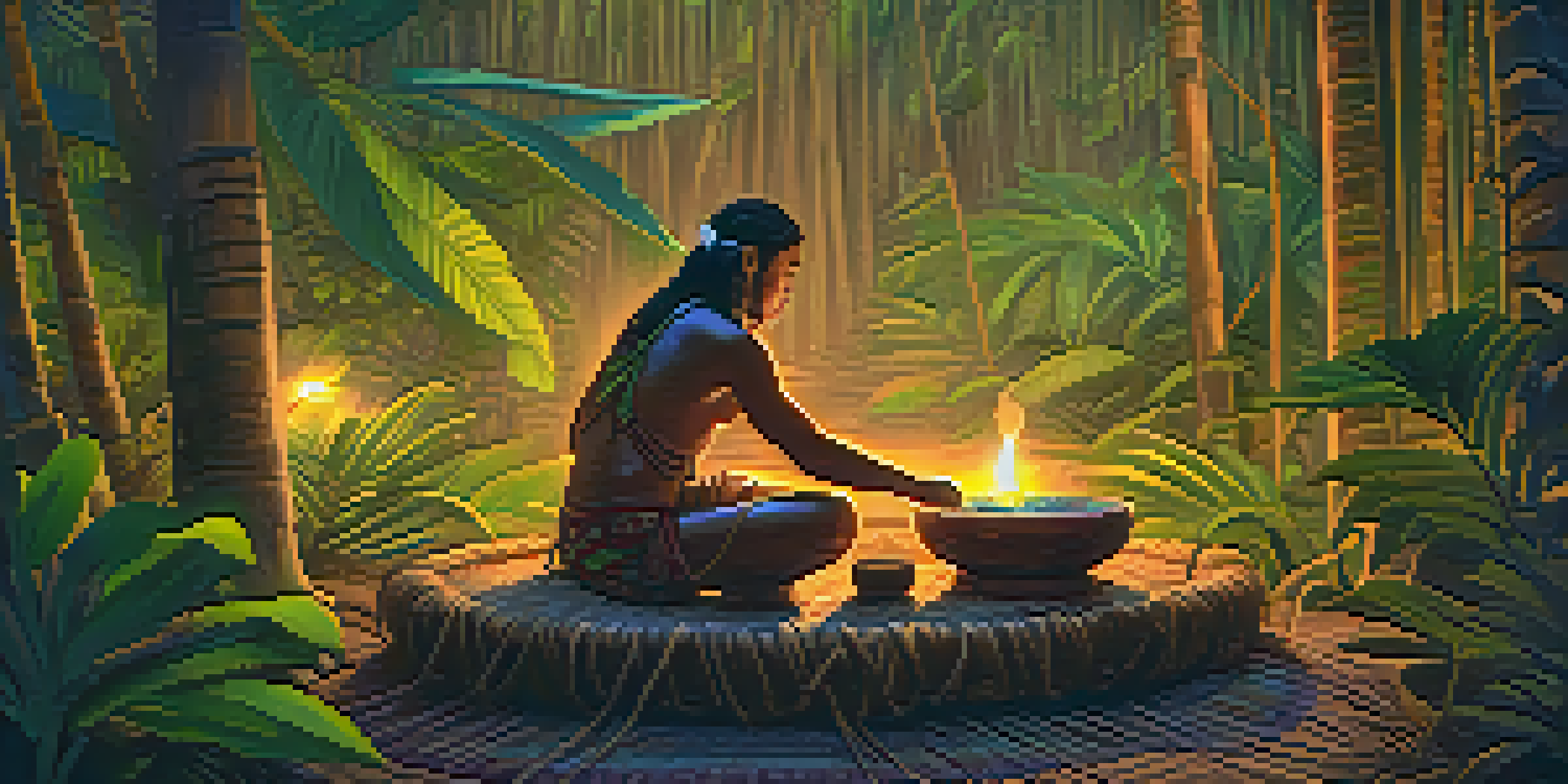 A peaceful Amazon rainforest setting with a shaman preparing Ayahuasca brew, surrounded by participants in a ceremonial circle.