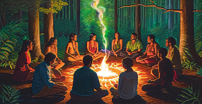 A tranquil forest scene with participants sitting in a circle around a fire, bathed in warm light, reflecting deep introspection during an ayahuasca ceremony.