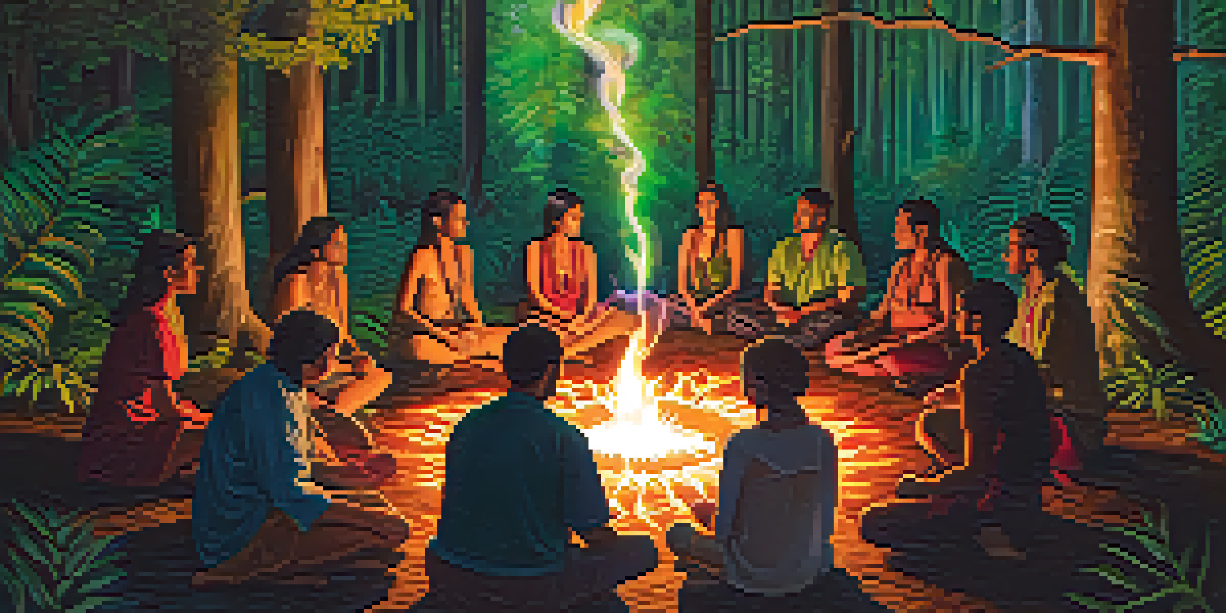 A tranquil forest scene with participants sitting in a circle around a fire, bathed in warm light, reflecting deep introspection during an ayahuasca ceremony.