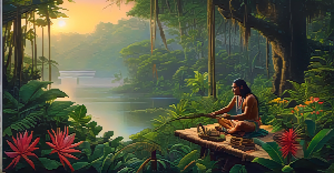 A calm Amazon rainforest at dawn with mist, lush greenery, and an indigenous shaman preparing ayahuasca.
