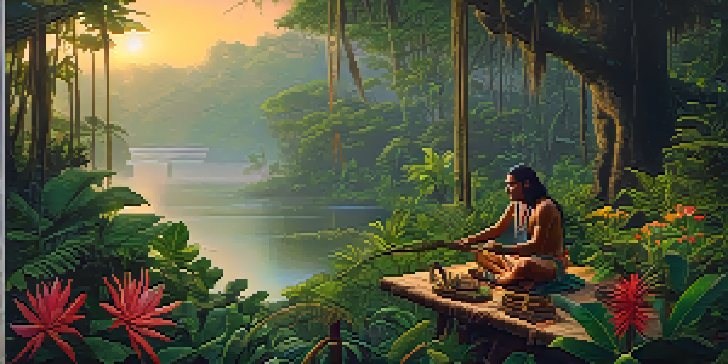 A calm Amazon rainforest at dawn with mist, lush greenery, and an indigenous shaman preparing ayahuasca.