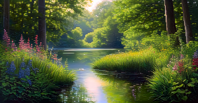 A peaceful forest scene with a person meditating by a pond surrounded by flowers and trees.