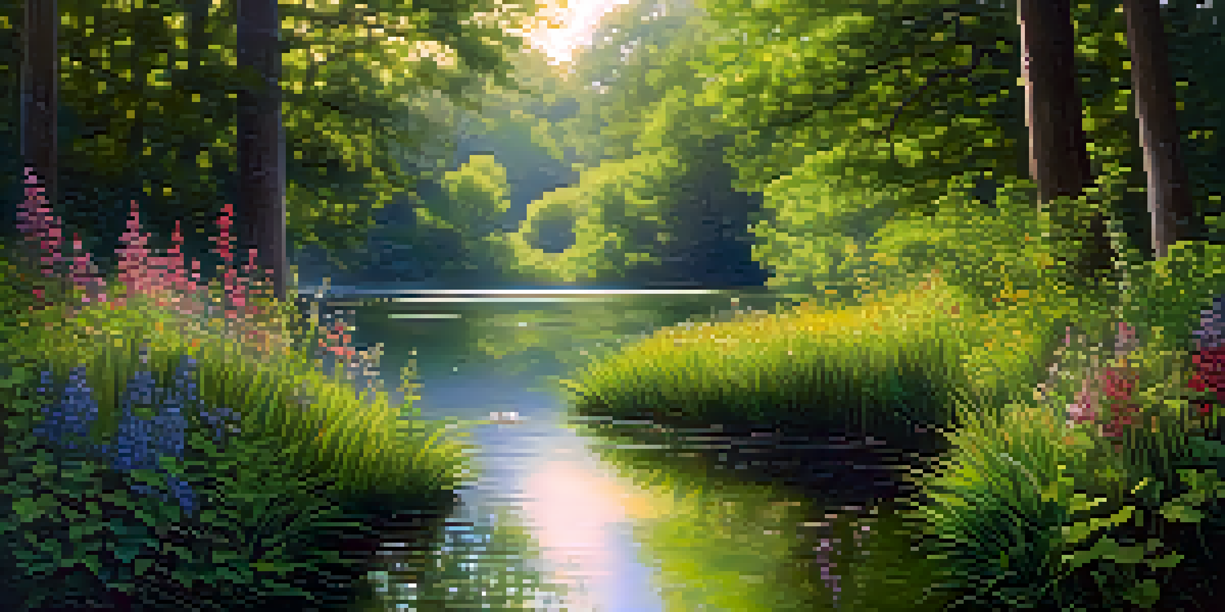 A peaceful forest scene with a person meditating by a pond surrounded by flowers and trees.