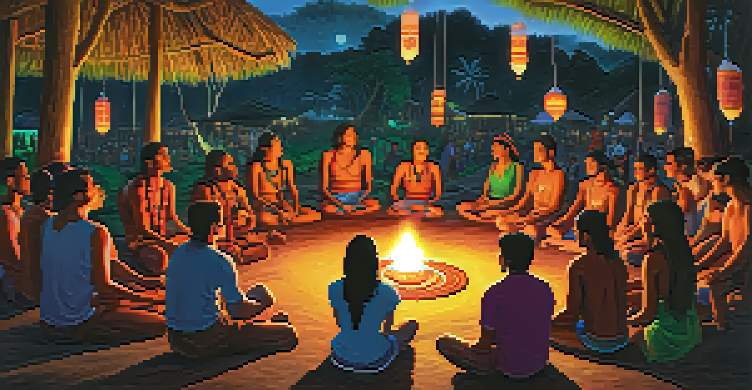 A community gathering for an Ayahuasca ceremony in an Amazonian village, with participants sharing stories around a fire.