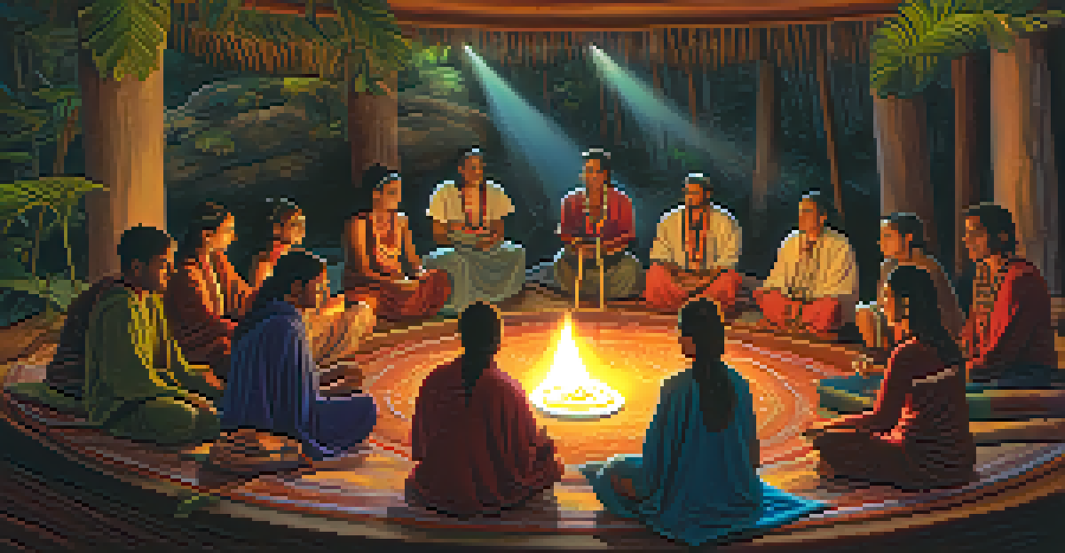 A warm and inviting Ayahuasca ceremony scene, featuring participants and a guiding shaman in a candle-lit room.
