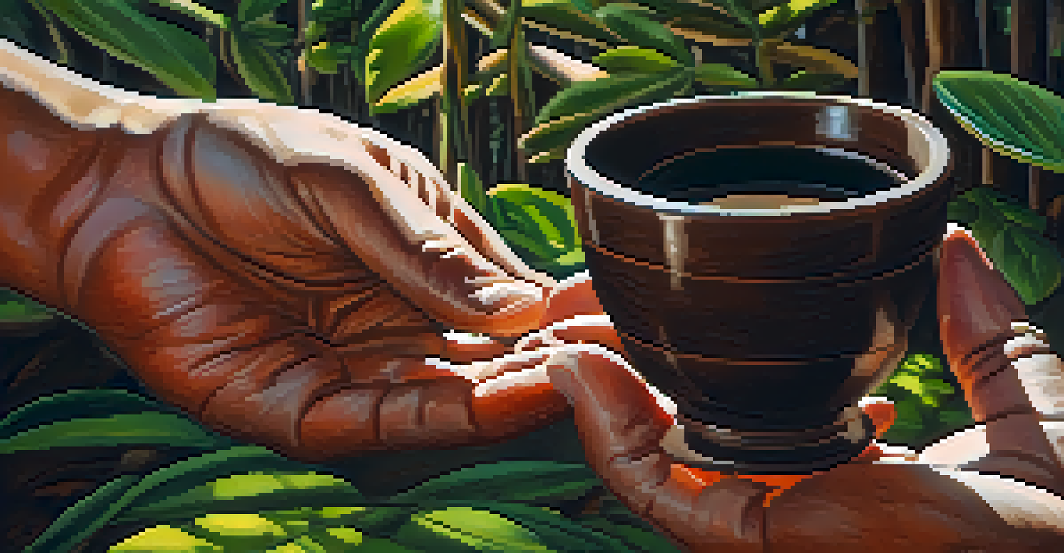 A close-up of hands holding a clay cup with dark Ayahuasca brew against a blurred green backdrop.