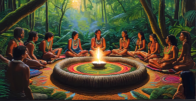 A traditional Ayahuasca ceremony in the Amazon rainforest, with a shaman guiding participants in a lush, green environment.