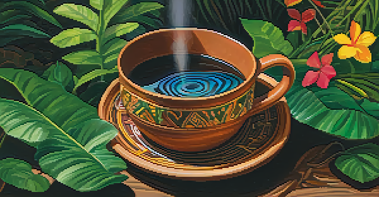 A close-up of a clay cup filled with ayahuasca brew surrounded by jungle foliage, with sunlight filtering through the leaves.