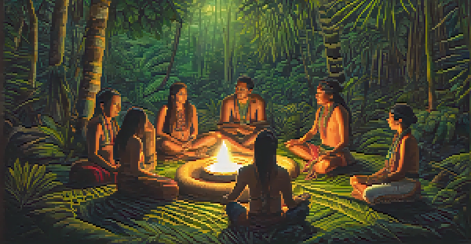Indigenous participants in a colorful Ayahuasca ceremony in a lush Amazon rainforest, with a shaman leading and candlelight illuminating the scene.