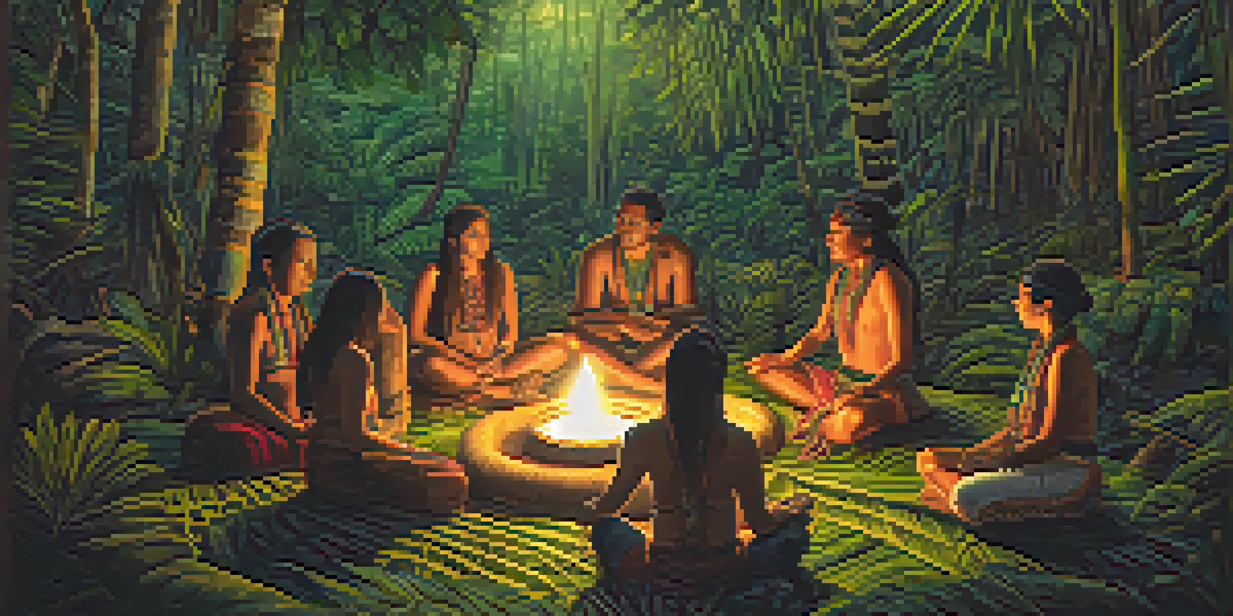 Indigenous participants in a colorful Ayahuasca ceremony in a lush Amazon rainforest, with a shaman leading and candlelight illuminating the scene.