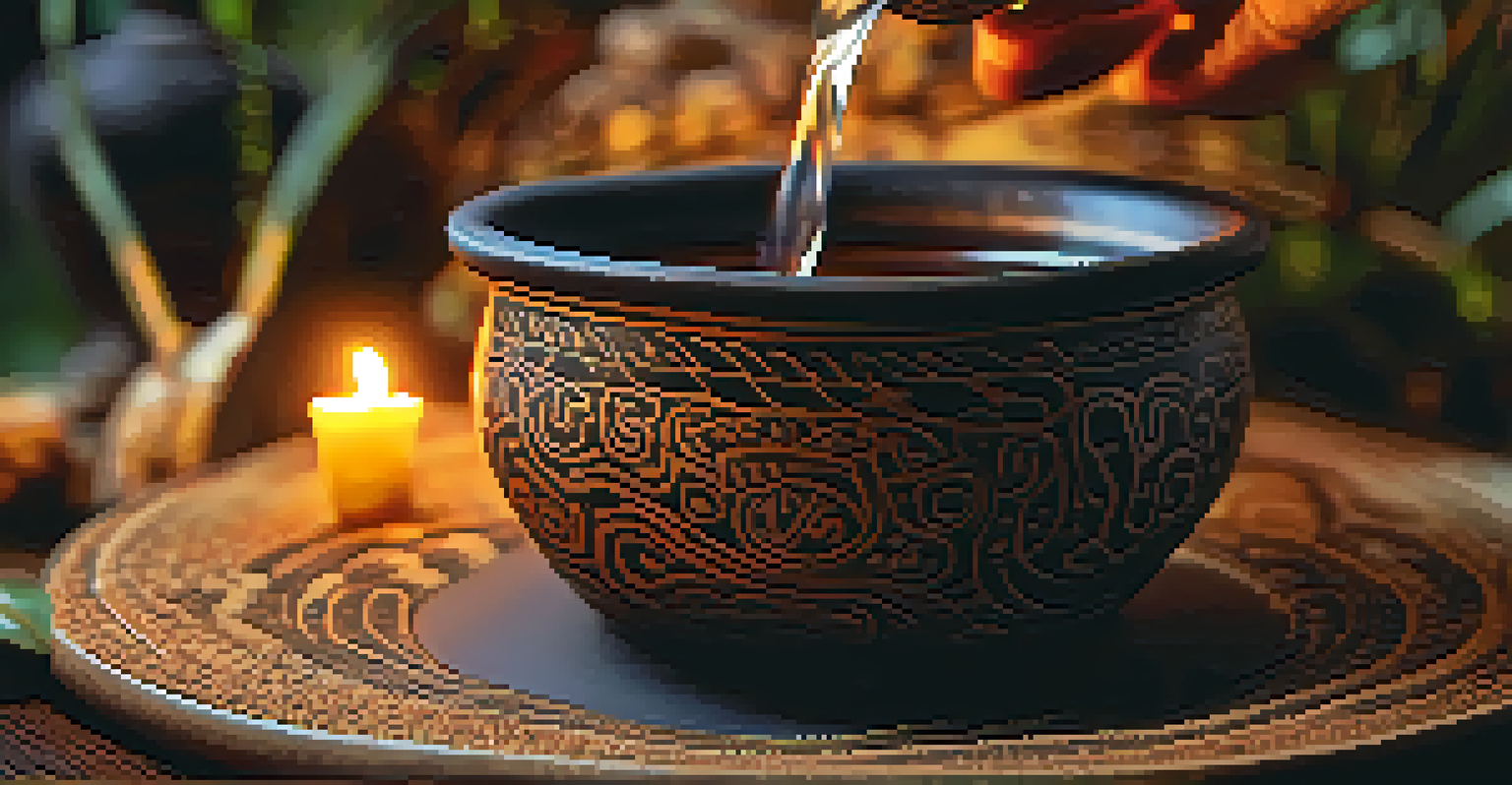 A close-up of Ayahuasca brew being poured into a ceramic cup, with rich colors and cultural artifacts in the background.