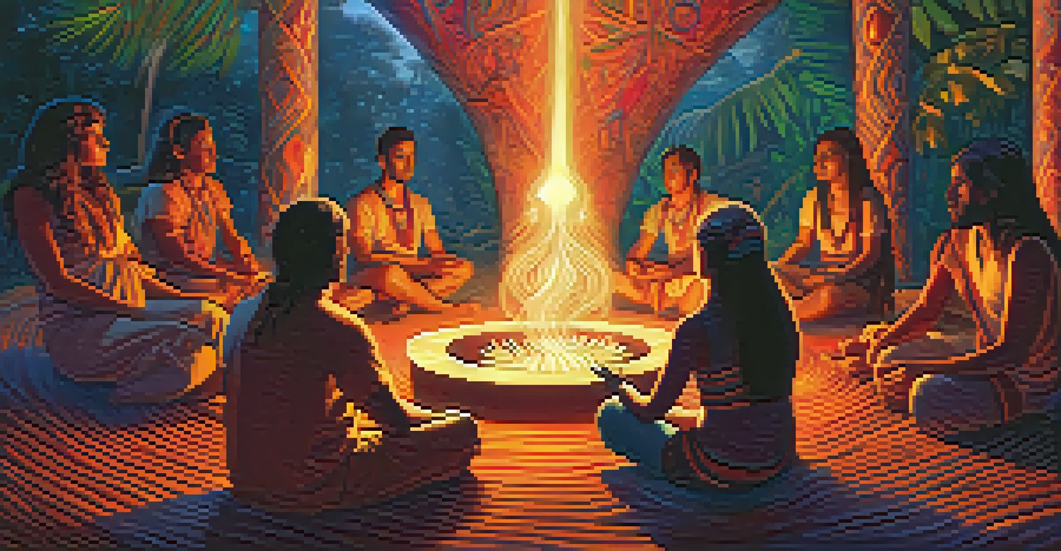 A mystical Ayahuasca ceremony with participants sitting around a fire, illuminated by flames, surrounded by colorful decorations and swirling patterns.