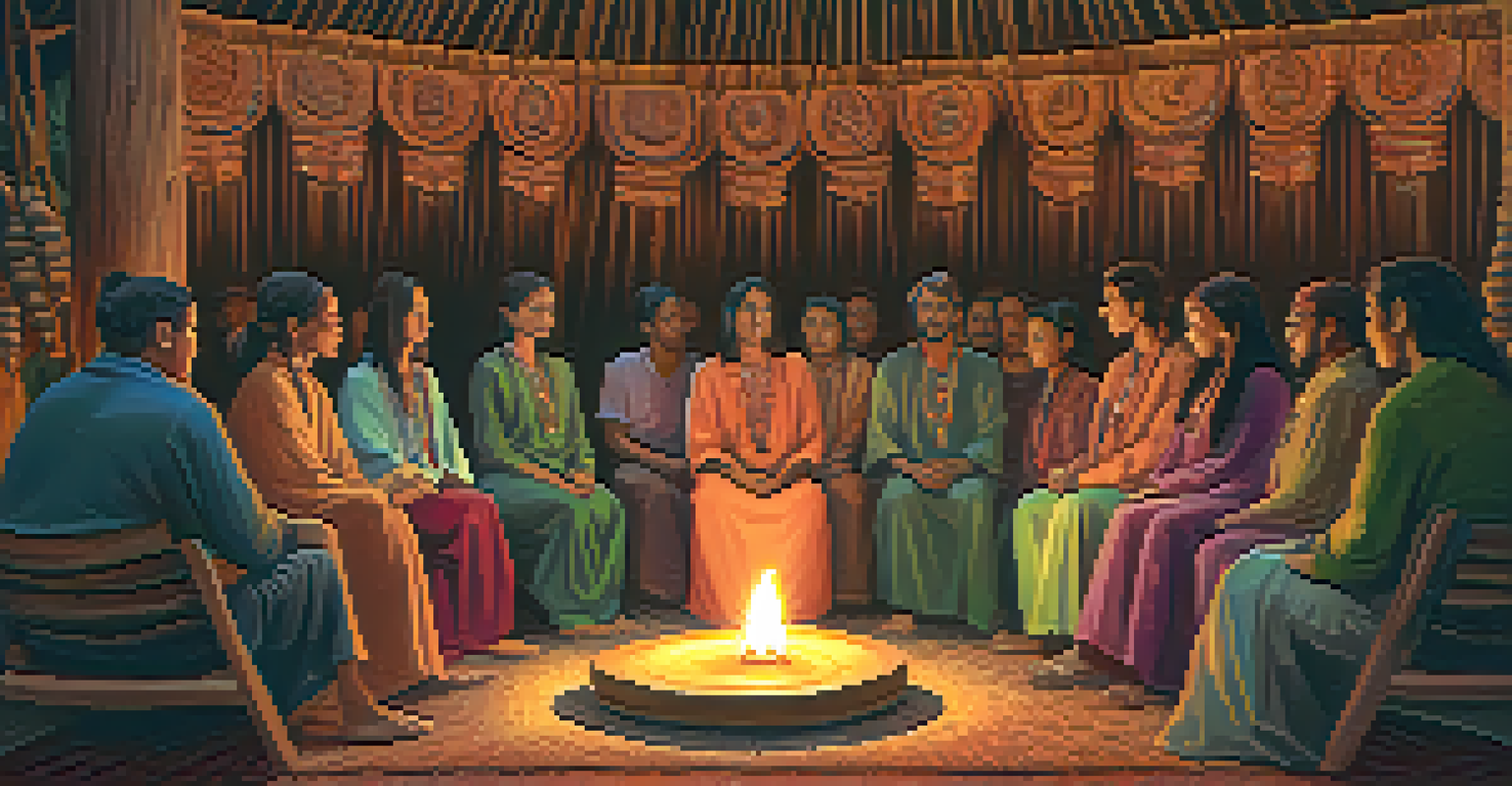 An intimate ayahuasca ceremony with participants sitting in a circle, surrounded by candles and soft lighting.
