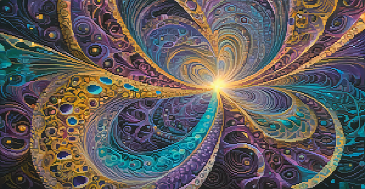 A cosmic tapestry with vibrant colors and spiraling fractals, representing interconnectedness and self-exploration.