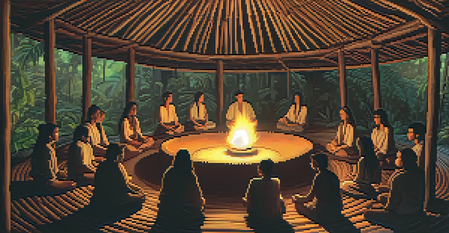 Tourists participating in an Ayahuasca ceremony inside a traditional maloca, surrounded by indigenous artwork and warm candlelight.