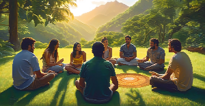 A peaceful outdoor gathering where people share their ayahuasca experiences in a circle on the grass, surrounded by nature.