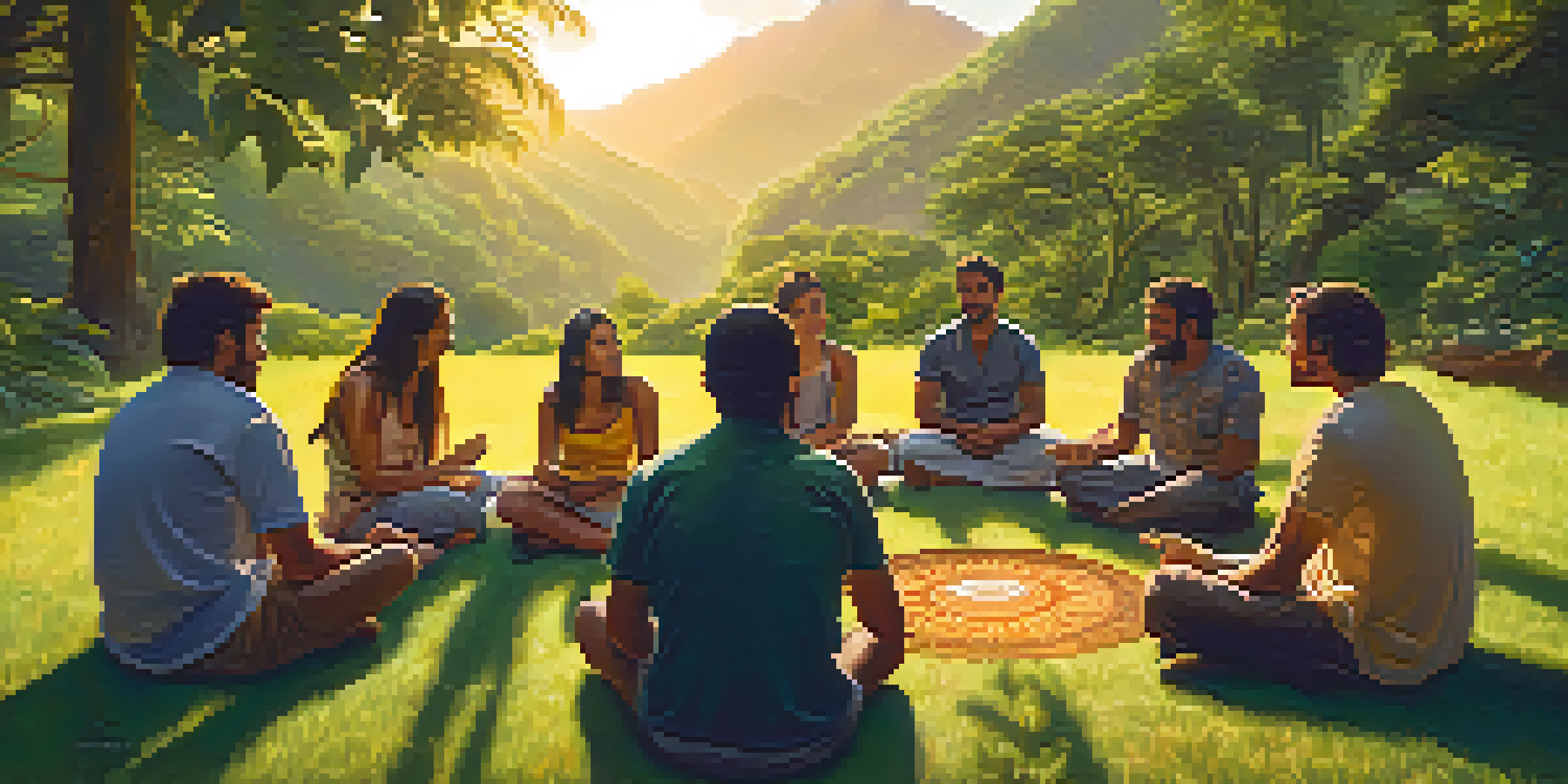A peaceful outdoor gathering where people share their ayahuasca experiences in a circle on the grass, surrounded by nature.