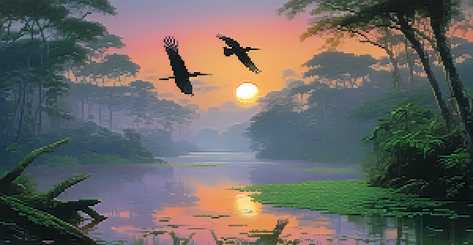 A peaceful Amazon rainforest at dusk with green trees, a river reflecting the sunset colors, and mist rising from the ground.