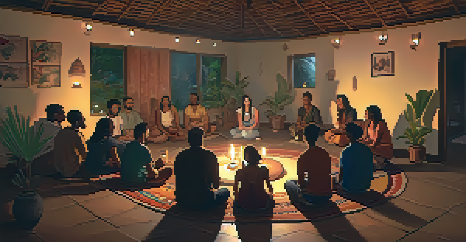 A diverse group of people sitting in a circle, sharing experiences in a cozy, candle-lit setting.