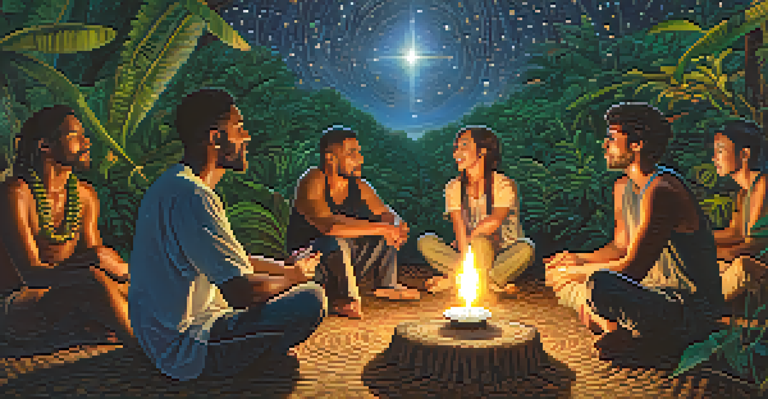 A group of people in a circle during an Ayahuasca ceremony under a starry sky, showing various emotions and illuminated by candlelight.