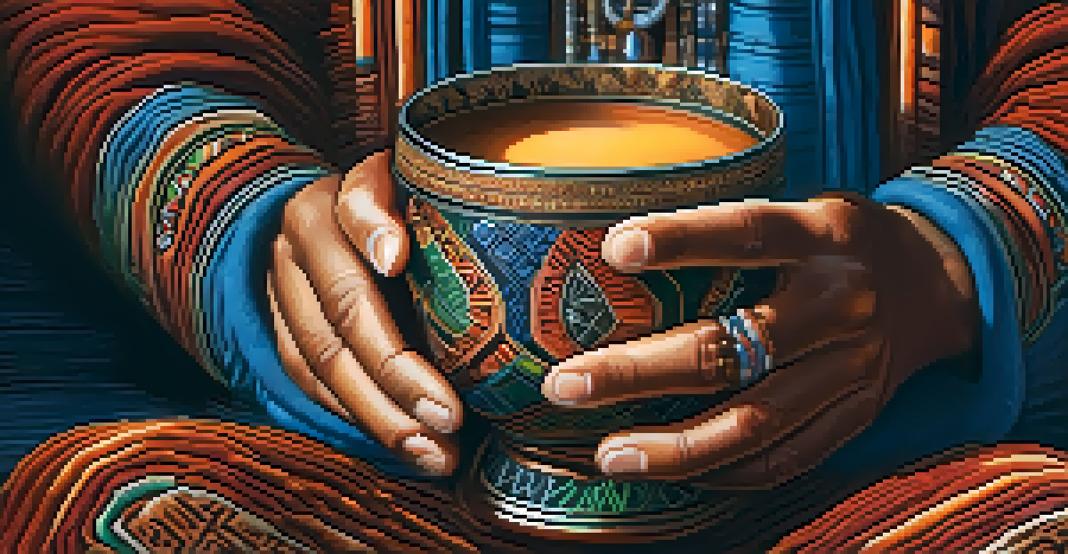 A close-up of a person's hands holding a ceremonial cup filled with Ayahuasca brew, showcasing intricate patterns on the cup and natural jewelry on their hands.