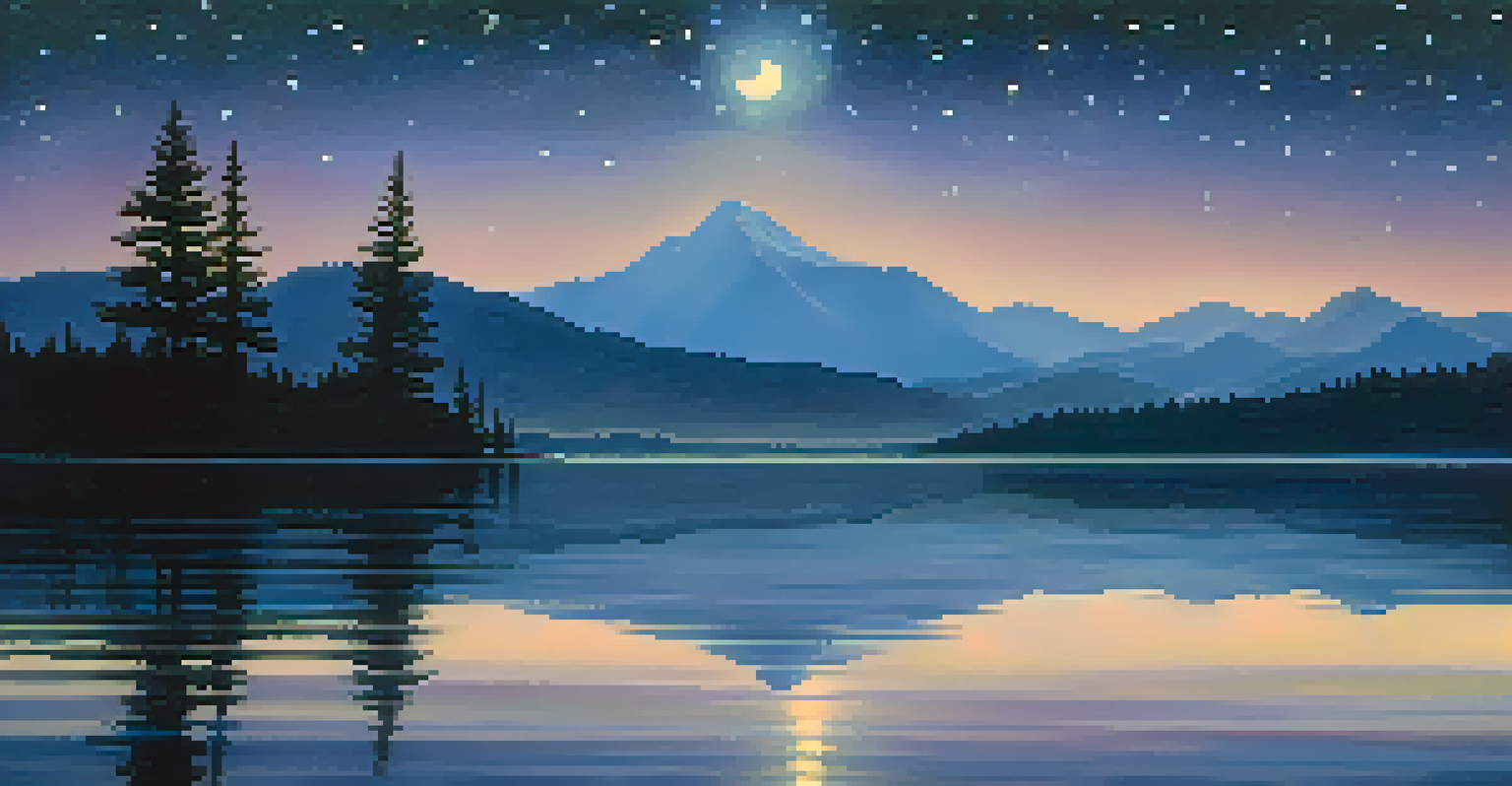 A starry night sky reflected in a calm lake, surrounded by mountains, creating a peaceful, contemplative atmosphere.