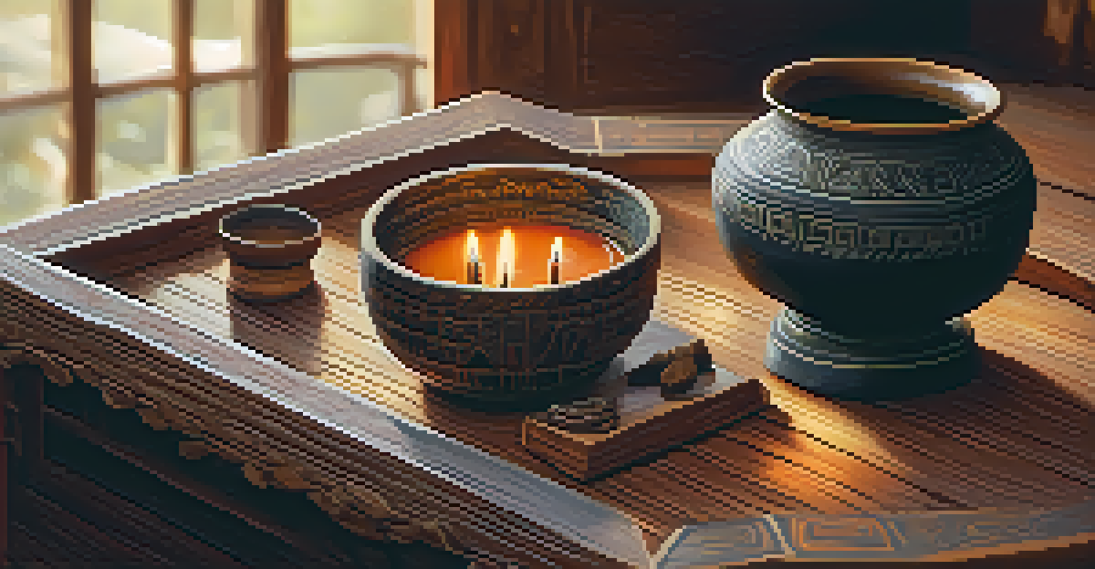 A close-up image of a ceremonial Ayahuasca cup on a wooden altar, surrounded by candlelight and indigenous artifacts.
