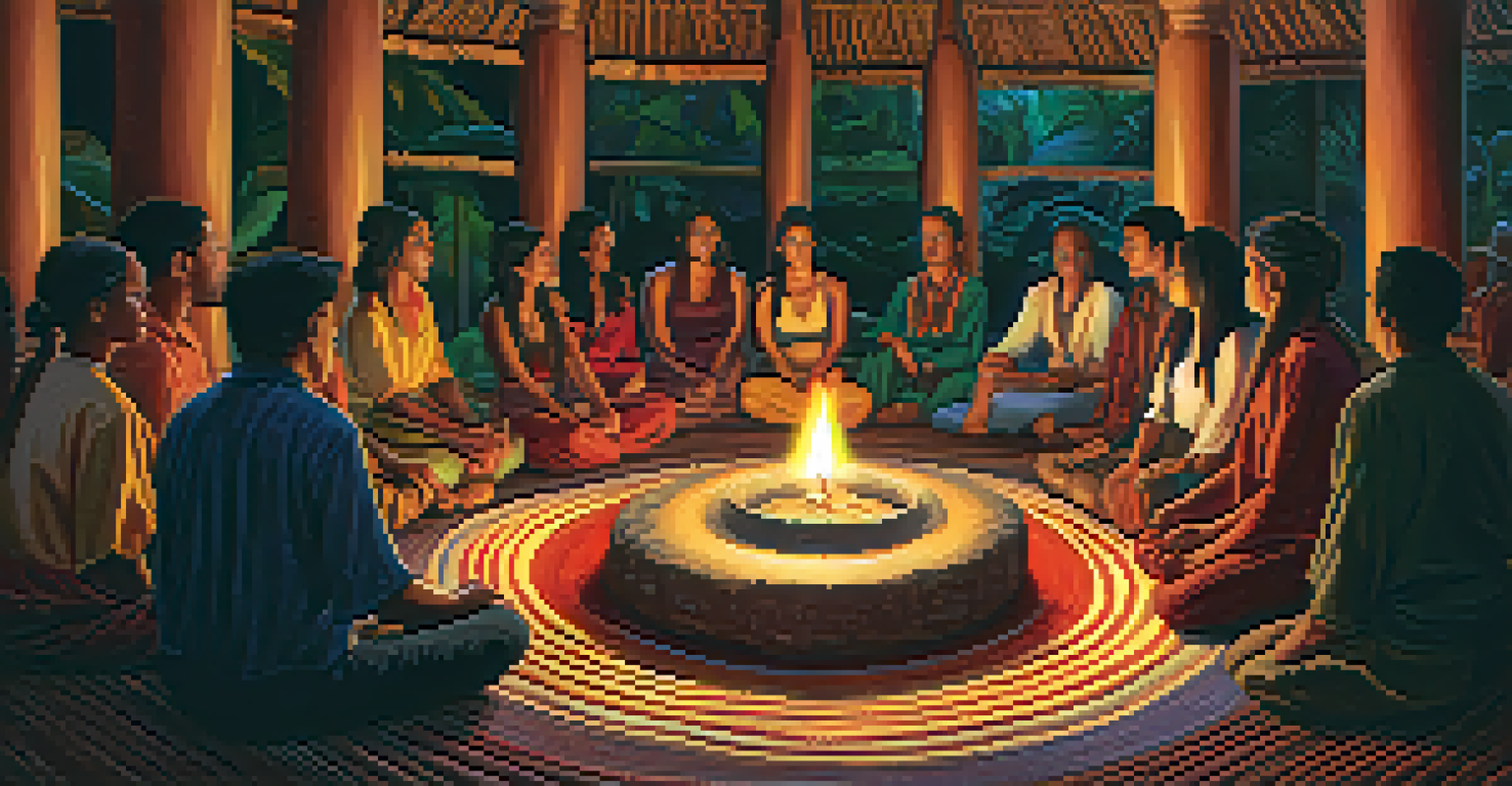 A group of individuals sitting in a circle during an Ayahuasca ceremony, showing expressions of contemplation and emotional release in a warmly lit setting.
