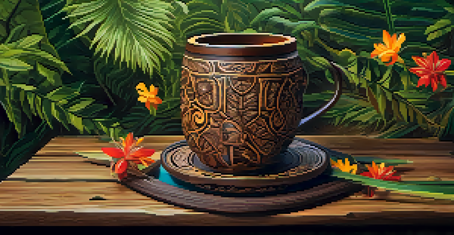 A close-up of a ceremonial cup with ayahuasca brew on a wooden table, surrounded by leaves and flowers.