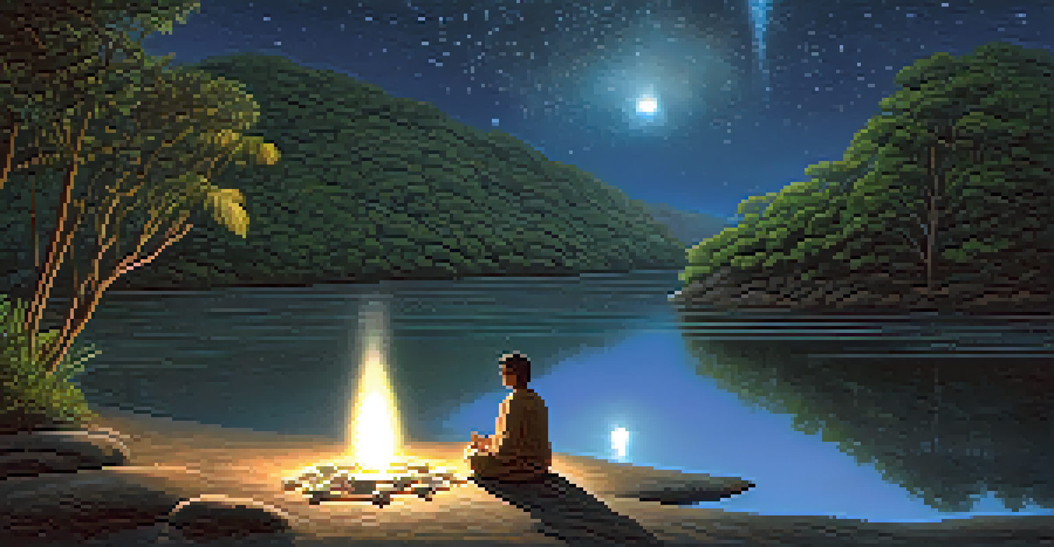 A participant meditating by a river under a starlit sky, with constellations forming animal shapes above them.