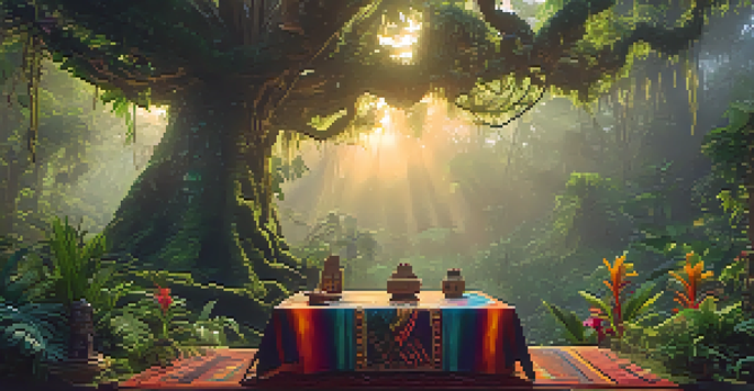 A peaceful Amazonian jungle at dawn with mist, featuring a ceremonial table decorated with textiles, feathers, and flowers.