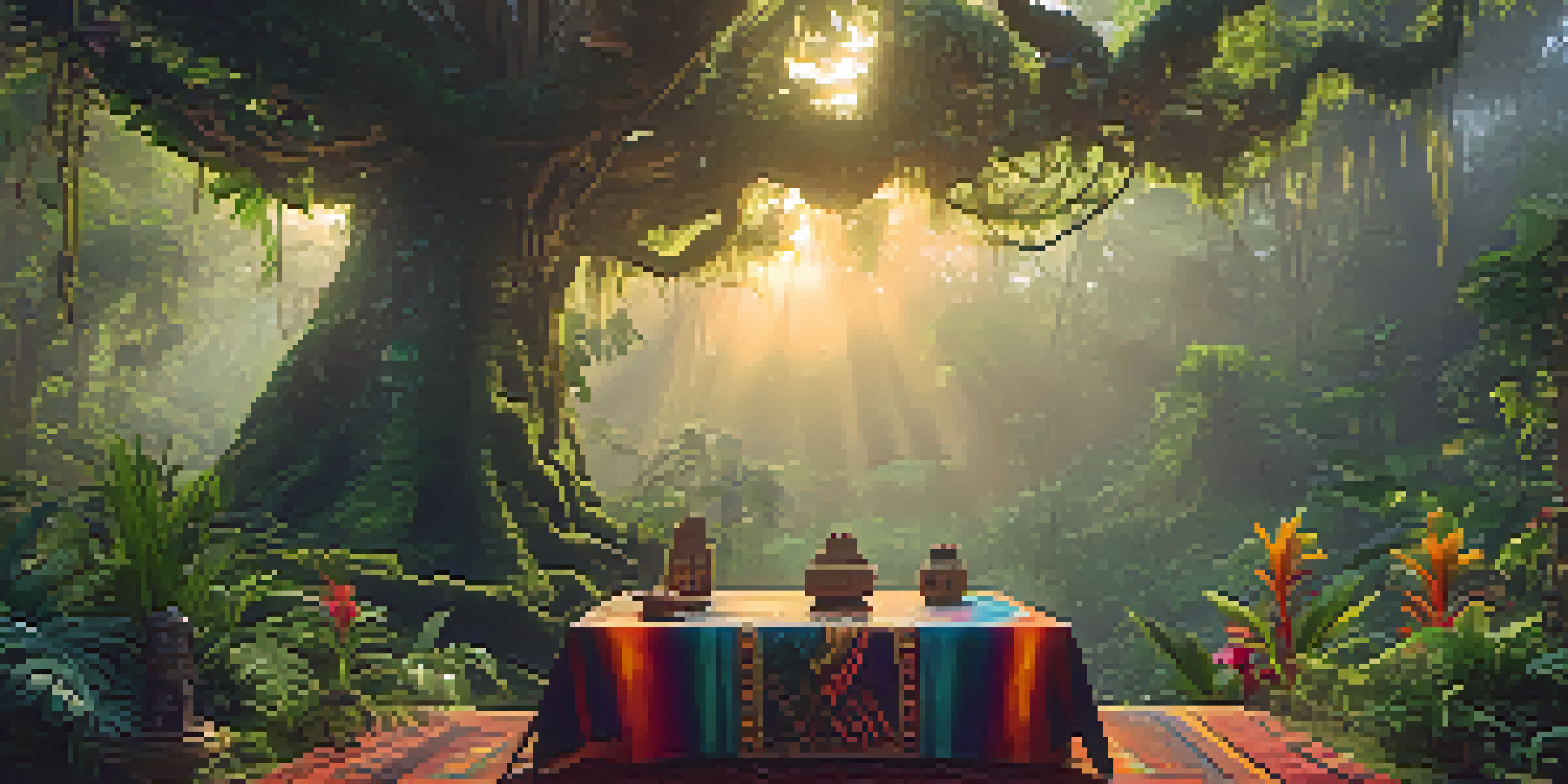 A peaceful Amazonian jungle at dawn with mist, featuring a ceremonial table decorated with textiles, feathers, and flowers.