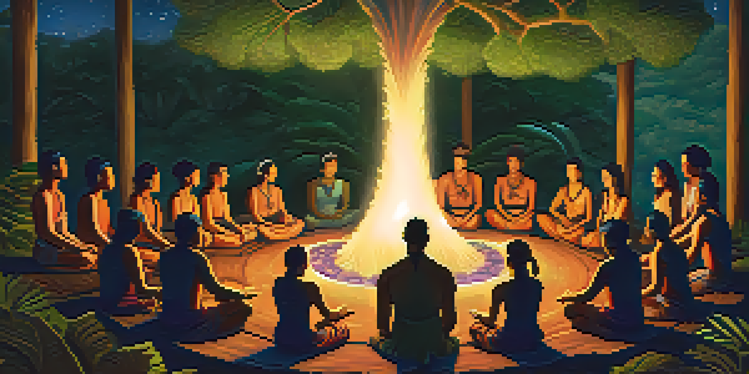 A serene Ayahuasca ceremony in the Amazon with participants in a circle around a fire, guided by a shaman.