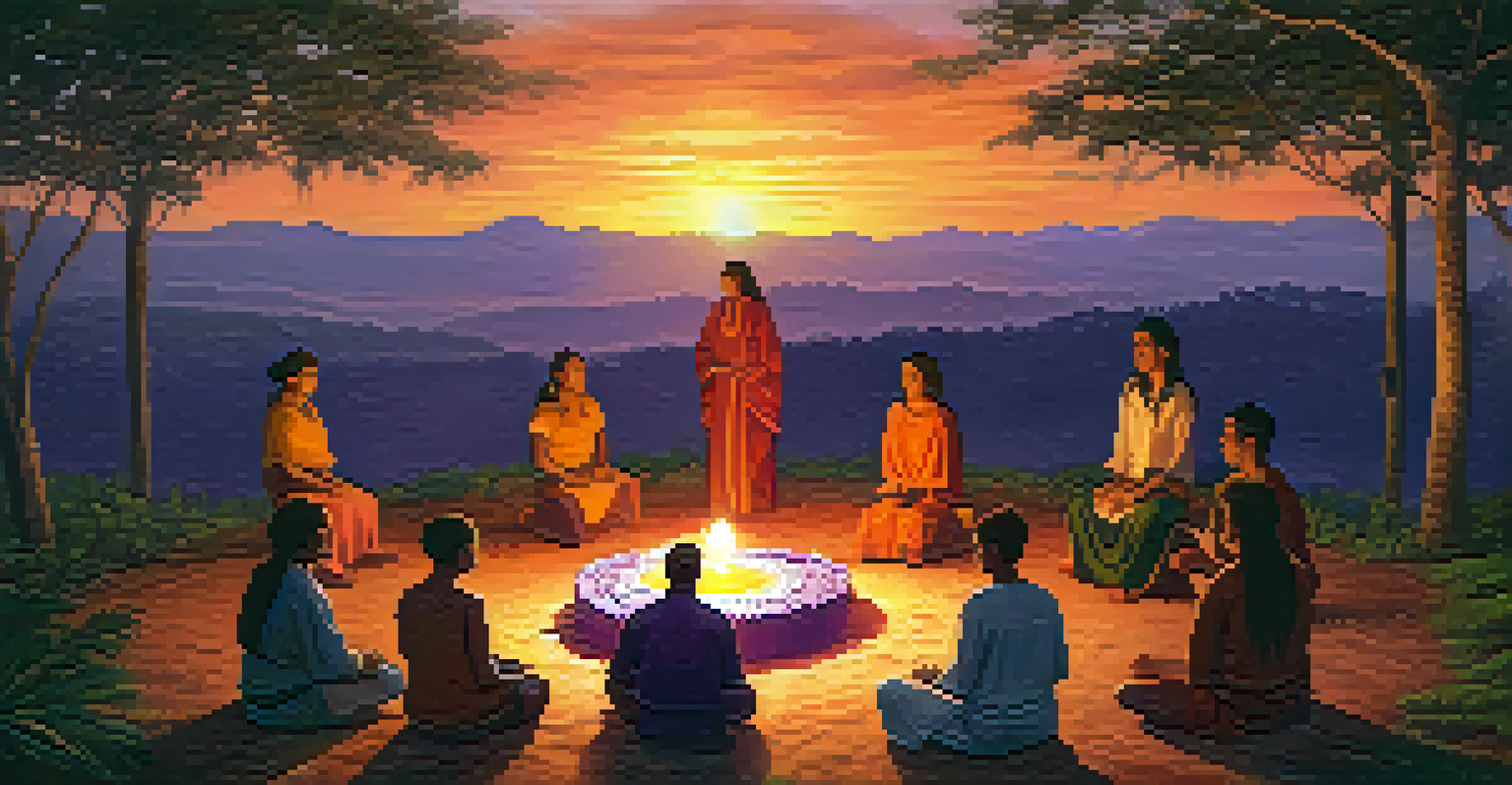 A peaceful Ayahuasca ceremony with participants sitting in a circle around an altar during sunset.