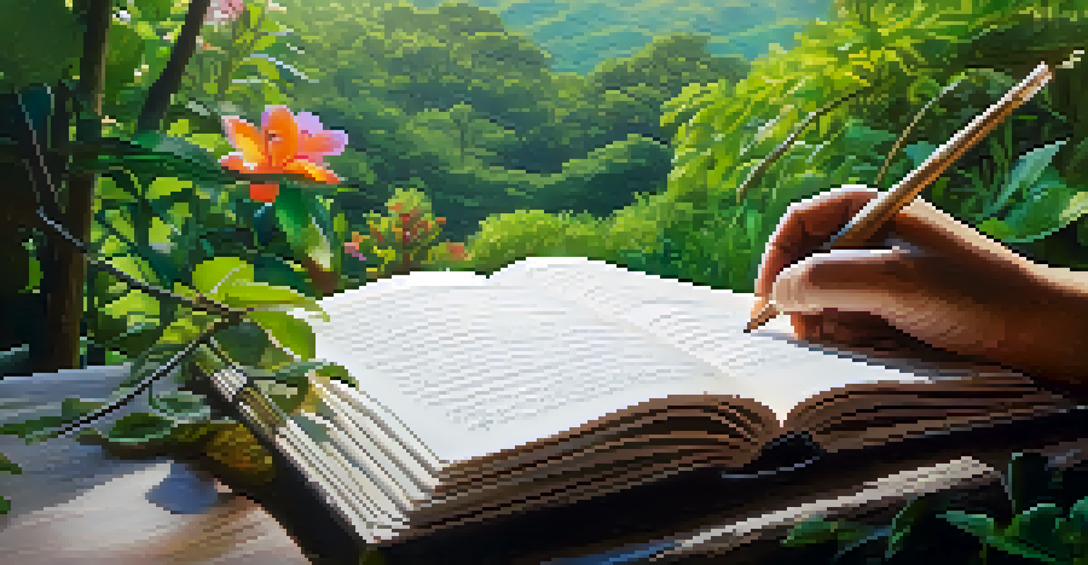 A close-up of a poet's hand writing in a notebook amidst lush greenery and flowers, symbolizing creativity and introspection inspired by Ayahuasca.