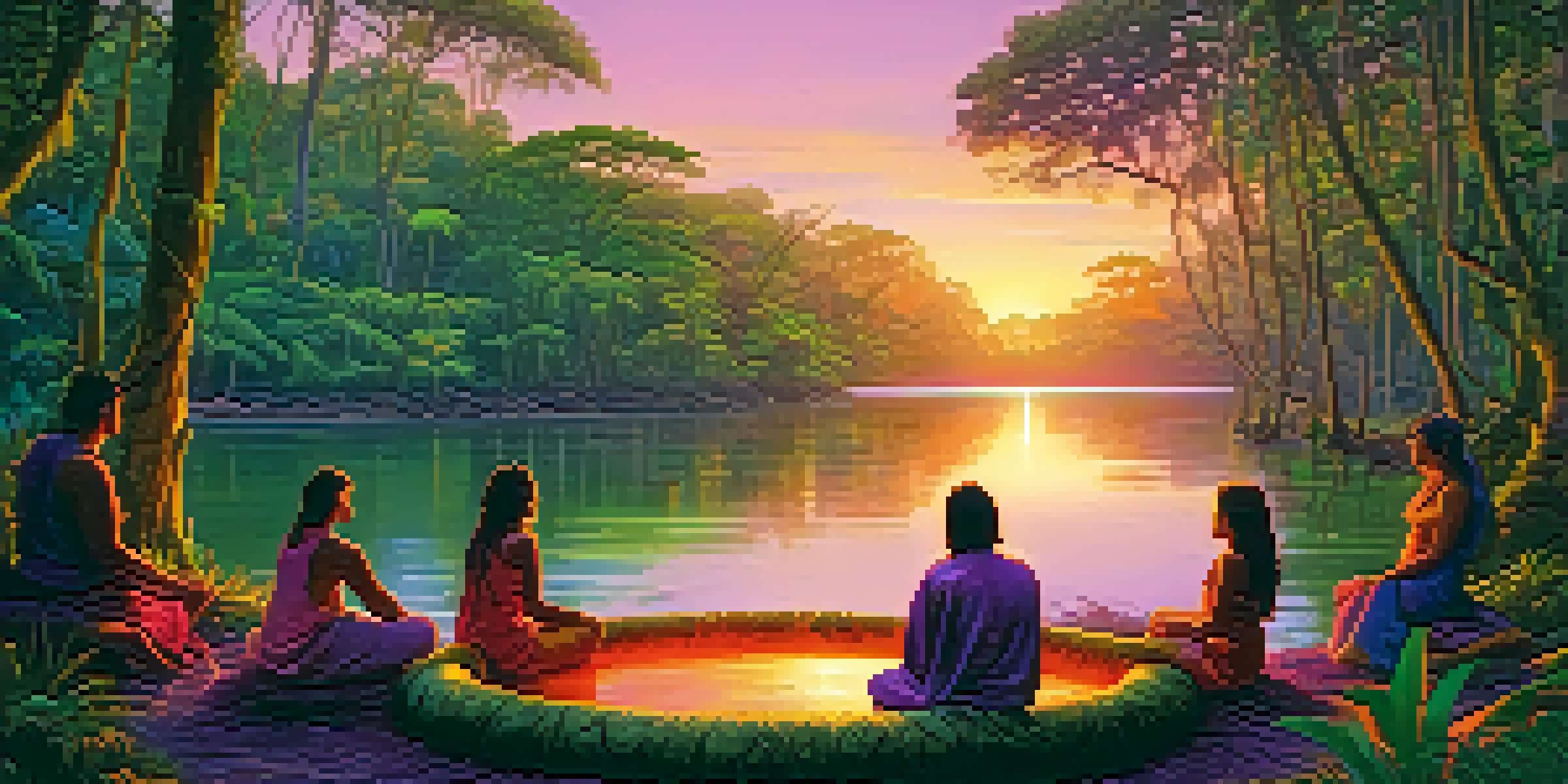 A peaceful scene of a group participating in an ayahuasca ceremony in the Amazon rainforest at sunset, surrounded by lush greenery and colorful skies.