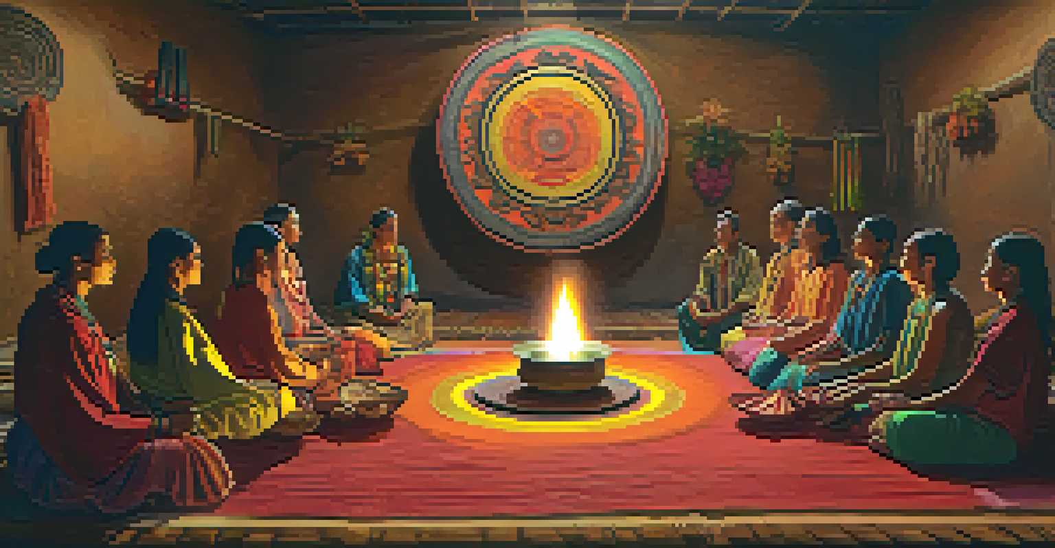 An Ayahuasca ceremony with participants sitting in a circle and a shaman guiding the ritual.
