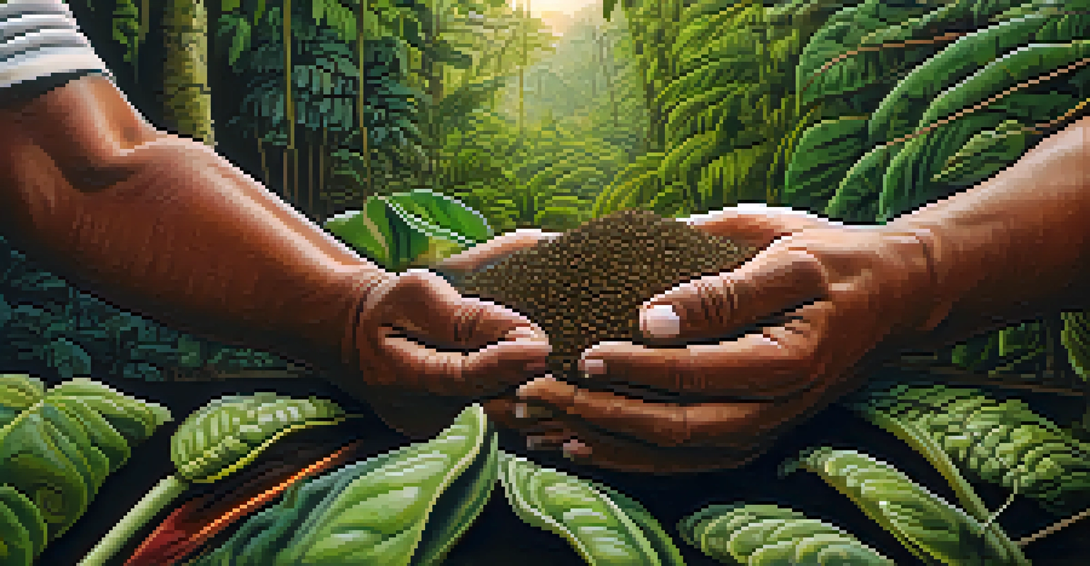 An indigenous farmer's hands caring for Ayahuasca plants in a lush agroforestry environment, highlighting sustainable farming practices.