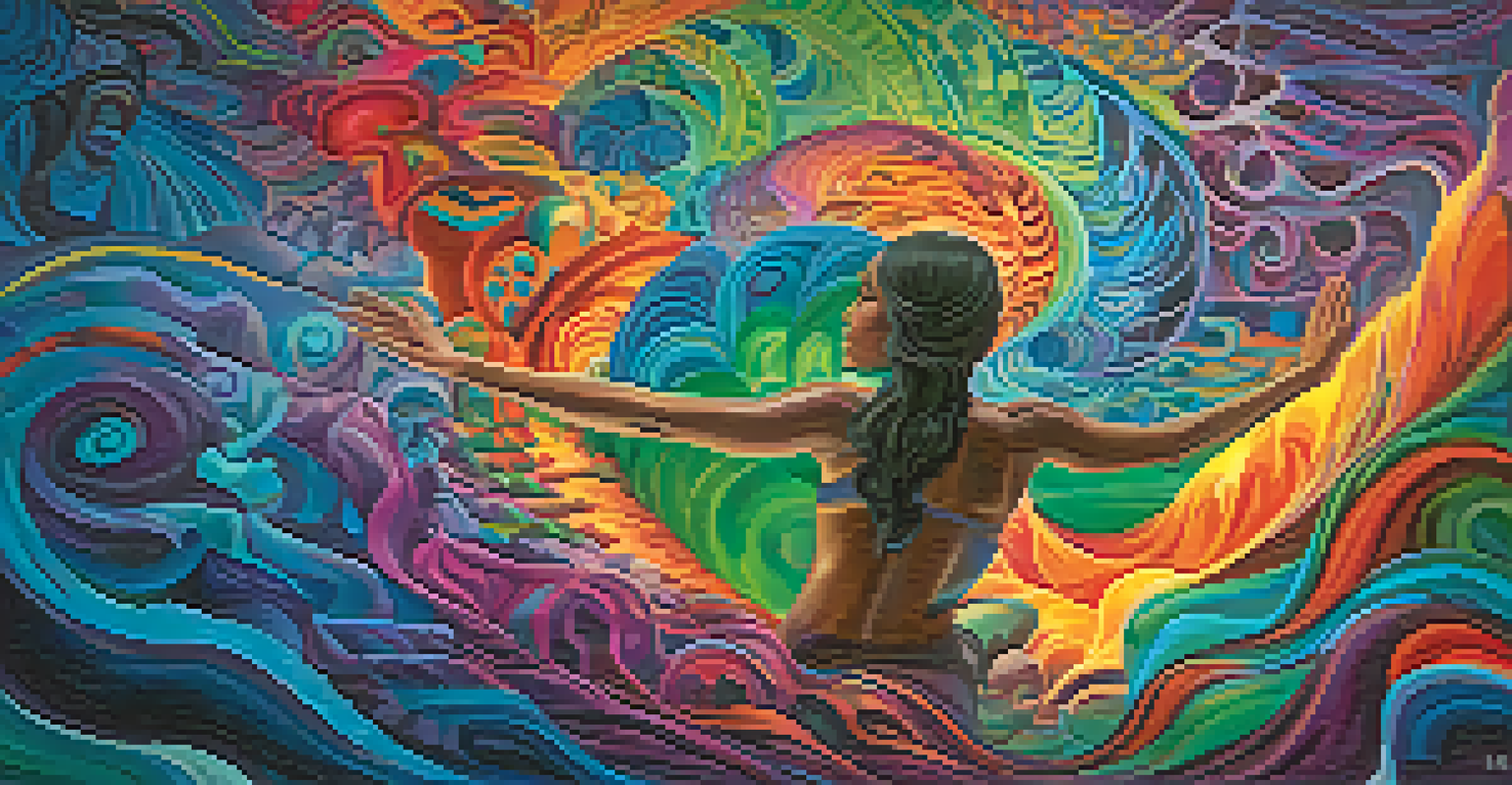 An abstract illustration of a person experiencing a transformative journey with swirling colors and shapes symbolizing vivid visions and emotional insights.