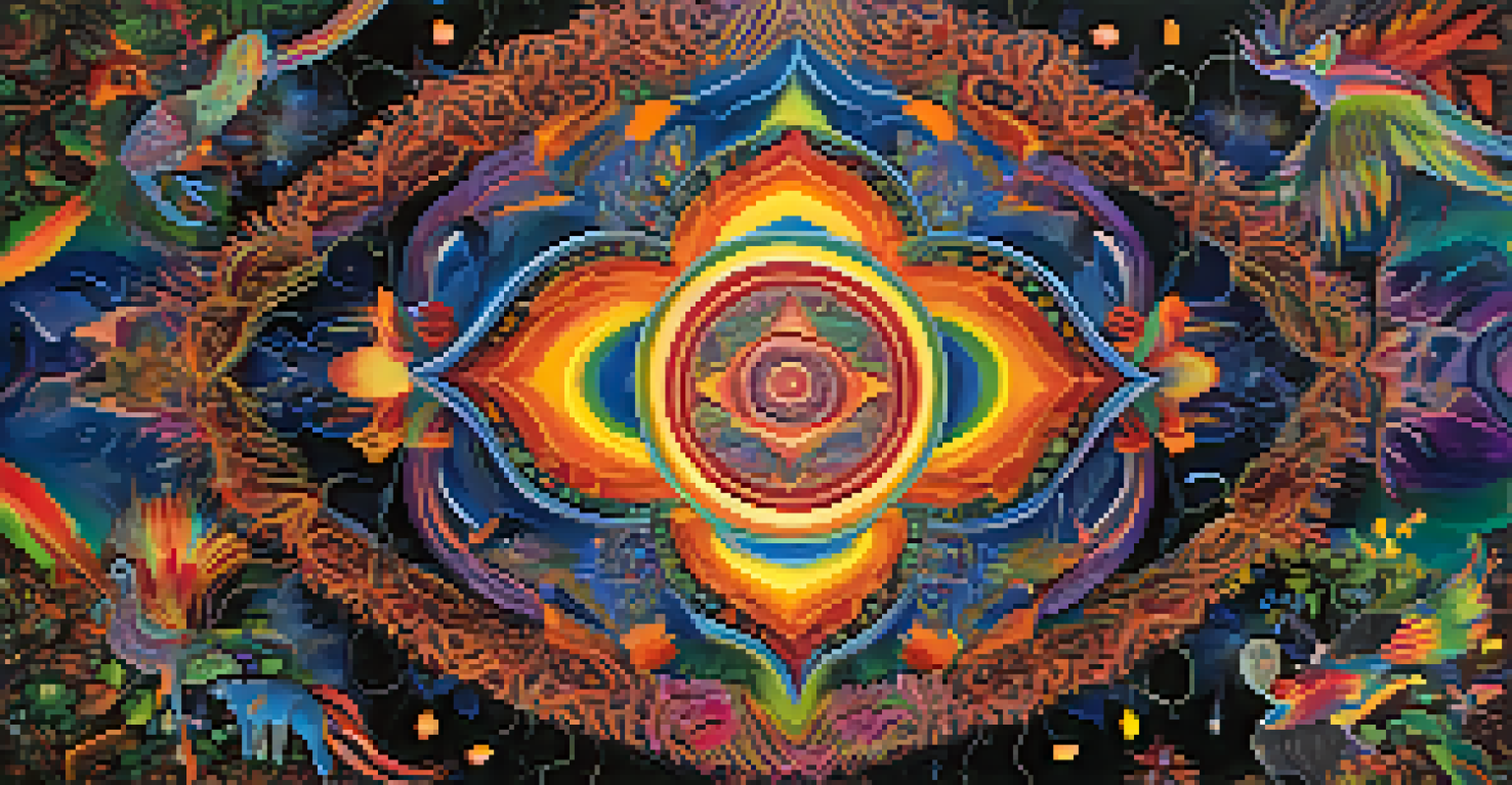 An abstract representation of a participant's visionary experience during an Ayahuasca ceremony, filled with colorful patterns and symbols.
