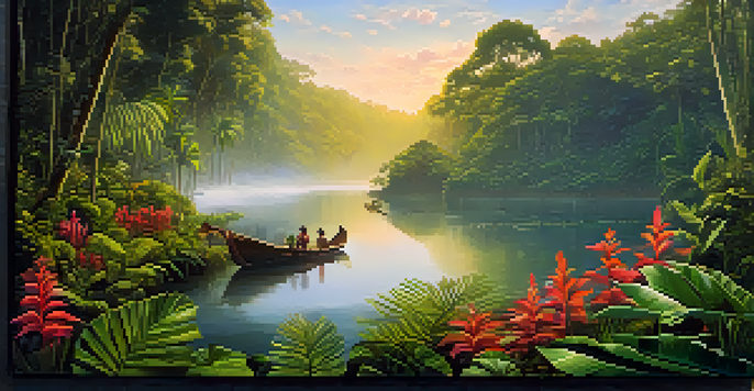 A peaceful Amazon rainforest at dawn with mist, vibrant flowers, and Indigenous people in traditional attire engaged in a ceremony.