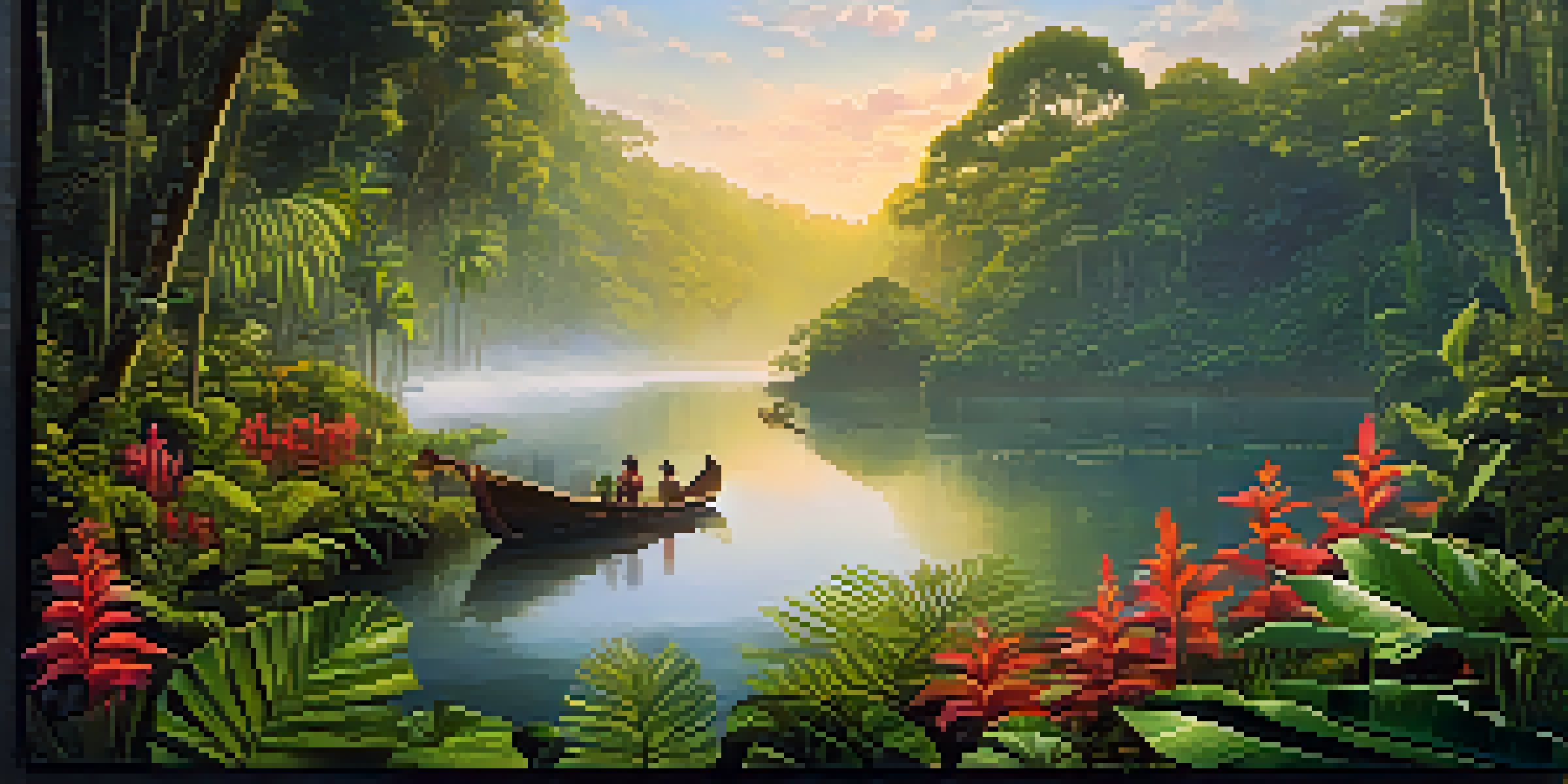 A peaceful Amazon rainforest at dawn with mist, vibrant flowers, and Indigenous people in traditional attire engaged in a ceremony.