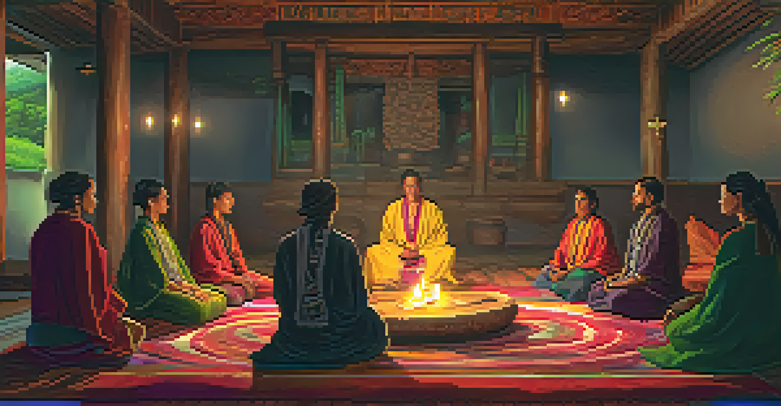 A dimly lit ayahuasca ceremony with a shaman, participants in a circle, and colorful tapestries, illuminated by candlelight.