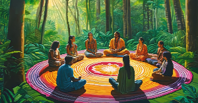 A peaceful jungle scene with diverse participants sitting in a circle during an Ayahuasca ceremony, surrounded by lush greenery and colorful flowers, with soft sunlight filtering through the trees.